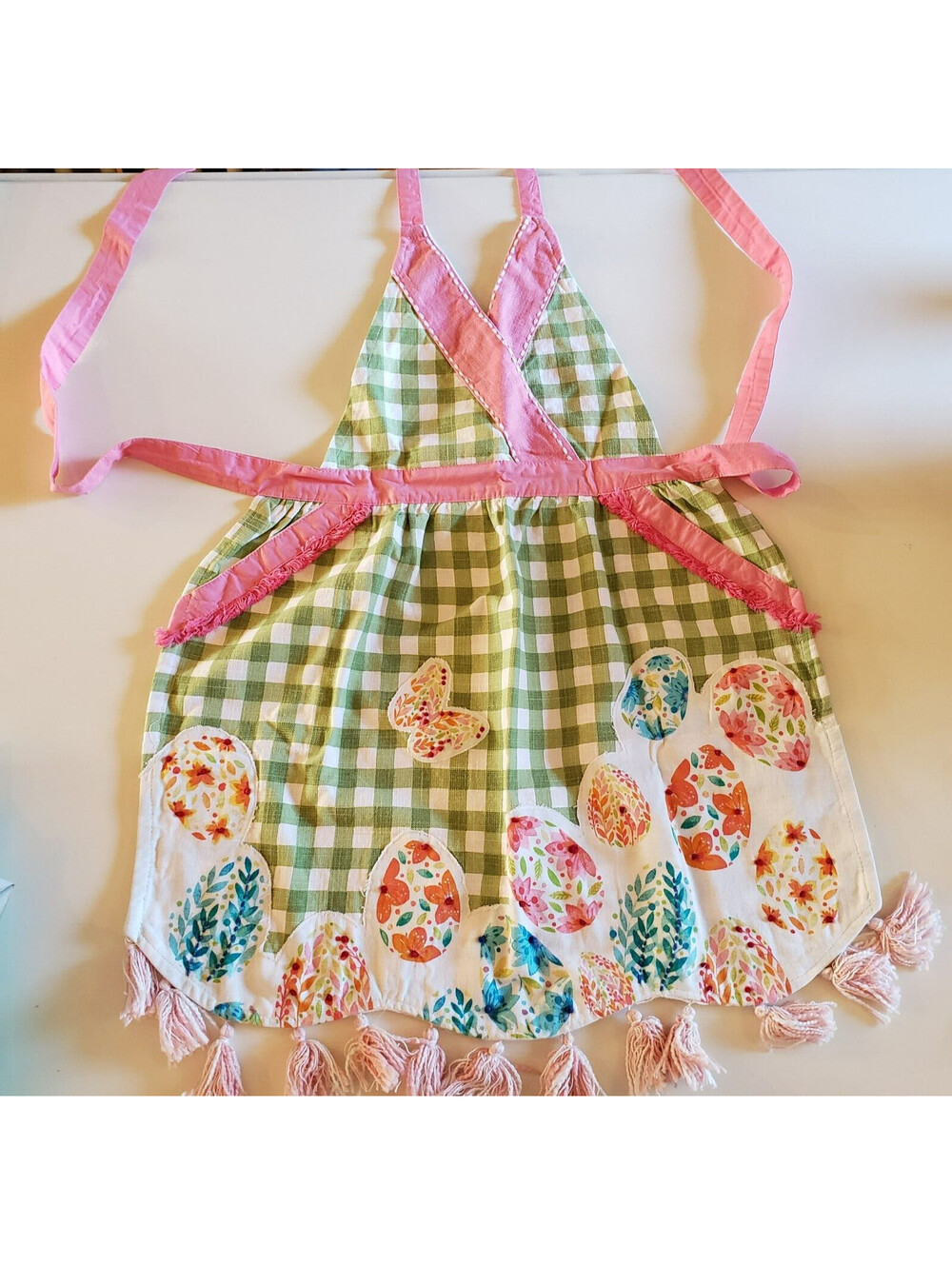 Happy Easter Cotton Bib Apron Green Check Pink Trim Embroidered Kitchen Cook